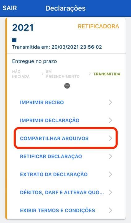 Captura de tela mostrando a tela logada do aplicativo IRPF, com o botão “Compartilhar arquivos” em destaque.