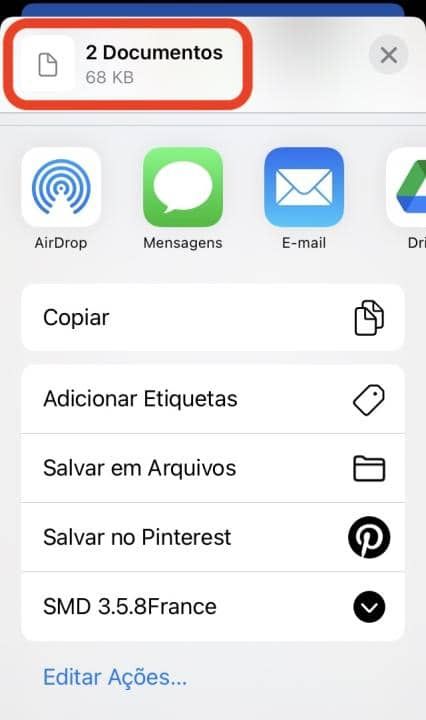 Captura de tela mostrando a tela de compartilhamento dos arquivos do celular, com o texto “2 Documentos” em destaque.