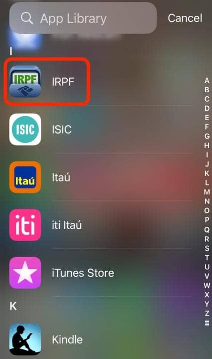 Captura de tela mostrando a biblioteca de aplicativos, com o aplicativo “IRPF” em destaque.