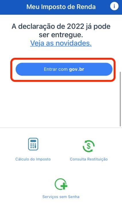 Captura de tela mostrando a tela inicial do aplicativo IRPF, com o botão “Entrar com gov.br” em destaque.