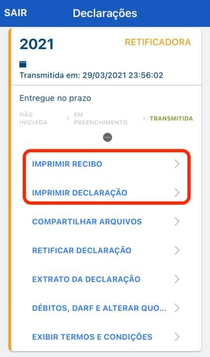 Captura de tela mostrando a tela logada do aplicativo IRPF, com os botões “Imprimir recibo” e “Imprimir declaração” em destaque.