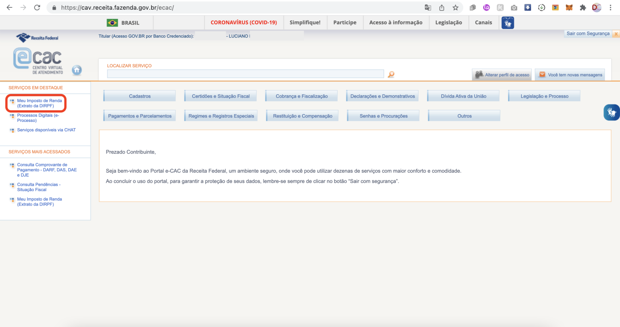 Captura de tela mostrando a página inicial logada do Portal e-CAC, com a opção “Meu Imposto de Renda (Extrato da DIRPF)” em destaque.