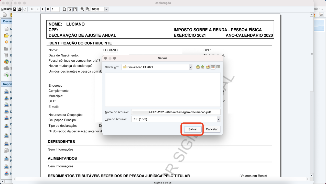 Captura de tela mostrando a tela de salvamento de arquivos do computador, e o botão com o texto “Salvar” em destaque.