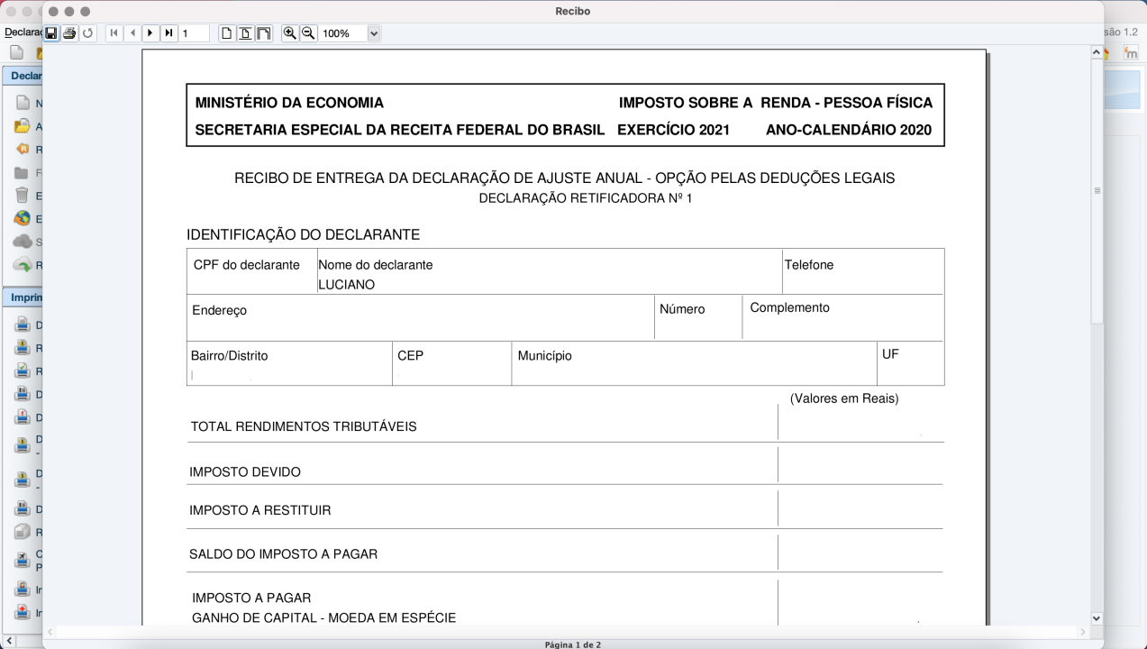 Captura de tela de uma pré-visualização do Recibo de Entrega.