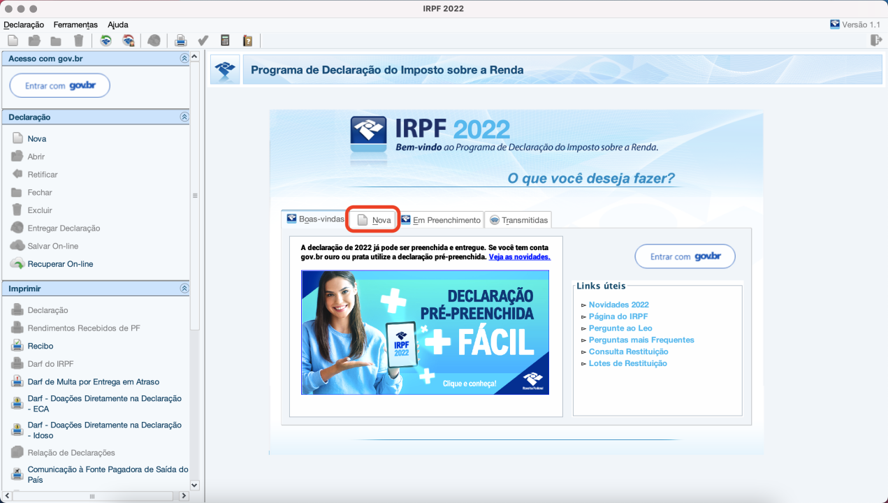 Captura de tela mostrando a página inicial do Programa Gerador de Declaração do Imposto de Renda para computadores de mesa, e a aba com o texto “Nova” em destaque.