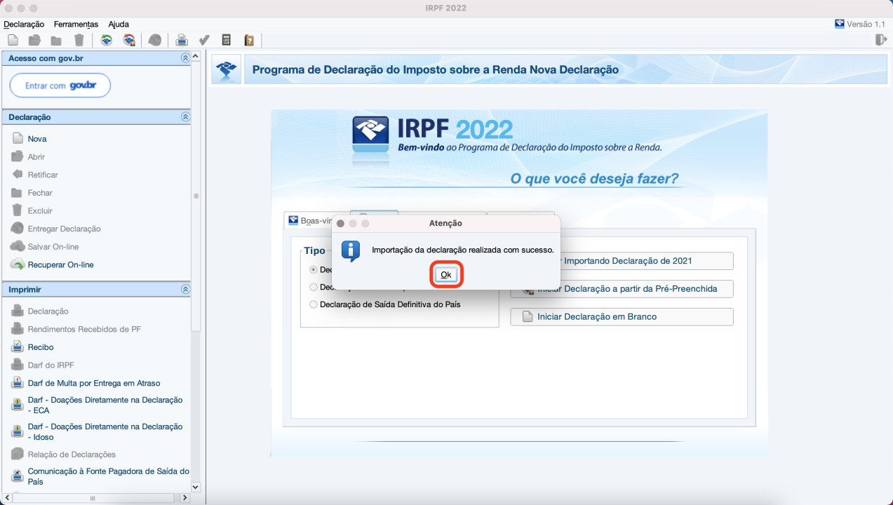 Captura de tela mostrando a tela de confirmação de importação do arquivo para o programa de 2022, com a mensagem “Importação da declaração realizada com sucesso”.