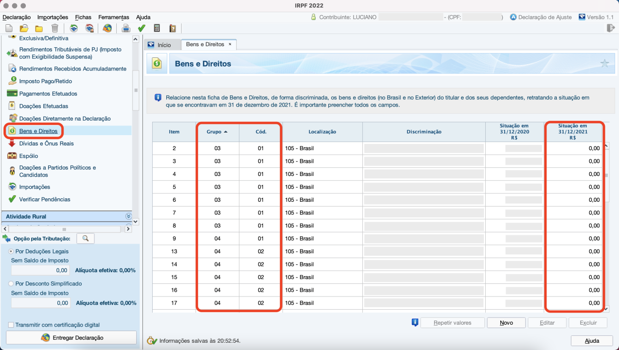 Captura de tela mostrando a página “Bens e Direitos” do Programa Gerador de Declaração do Imposto de Renda para computadores de mesa. Os campos “Grupo”, “Código” e “Situação em 31/12/2021” estão destacados.