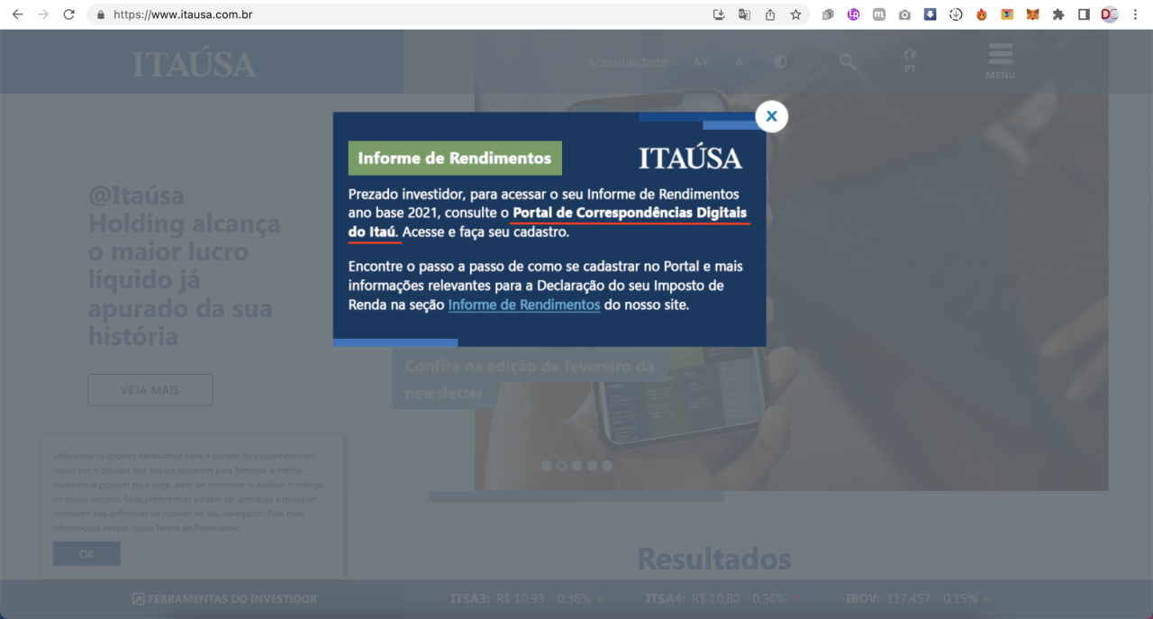 Captura de tela mostrando a página inicial do site da Itaúsa.