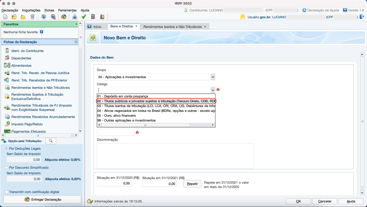 Captura de tela mostrando a ficha de Bens e Direitos do Programa do Imposto de Renda, com a opção “02 – Títulos públicos e privados sujeitos à tributação” em destaque.